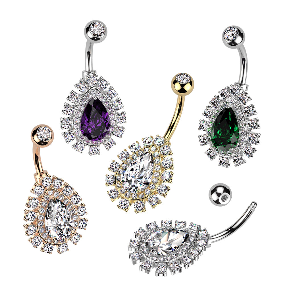 Teardrop Double Crystal Halo Belly Ring 14g