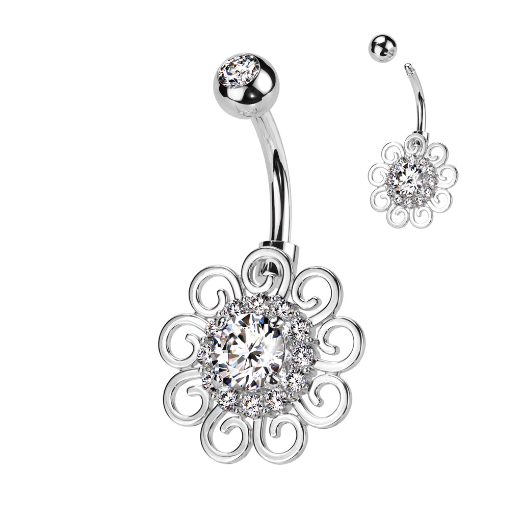 Filigree Scroll Flower Crystal Halo Belly Ring 14g