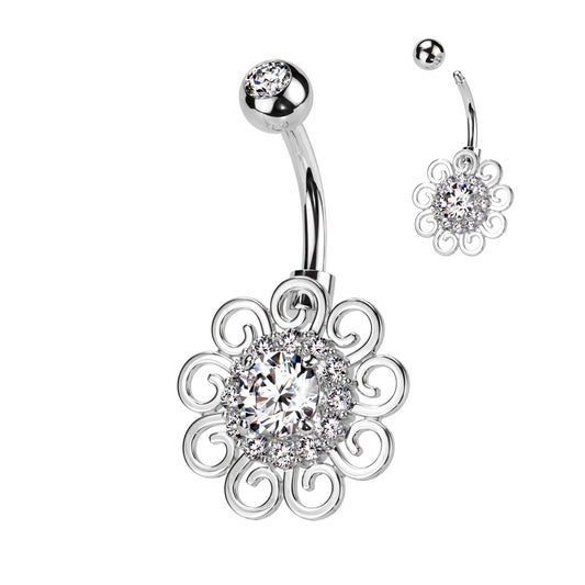Filigree Scroll Flower Crystal Halo Belly Ring 14g