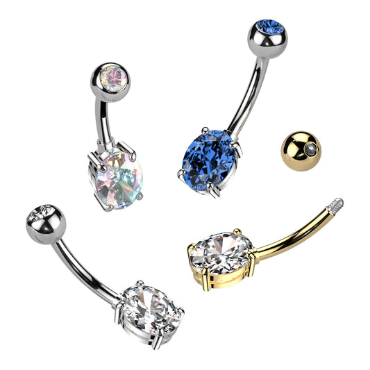 Premium Oval Bezel + Claw-Set Crystal Navel Barbell 14g