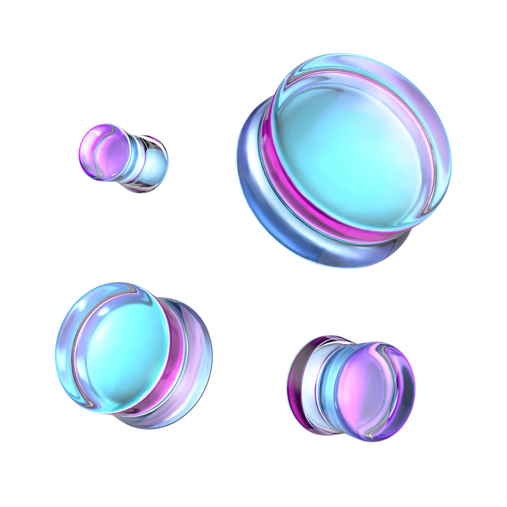 Aqua & Purple Iridescent Glass Double Flare Plugs 2g - 1"