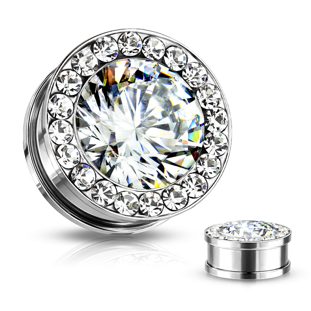 Bezel-Set Gemmed Bling SS Machine Head Plugs 8g - 5/8"