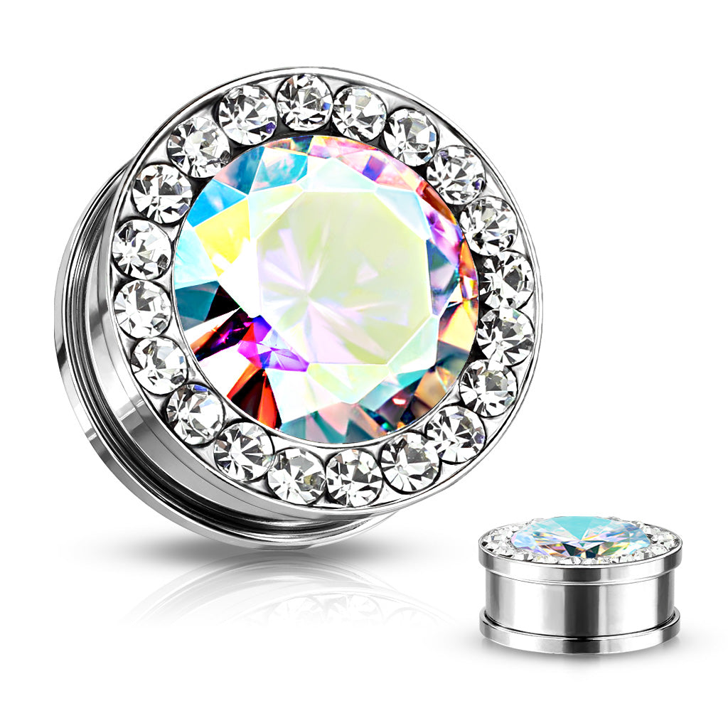 Bezel-Set Gemmed Bling SS Machine Head Plugs 8g - 5/8"
