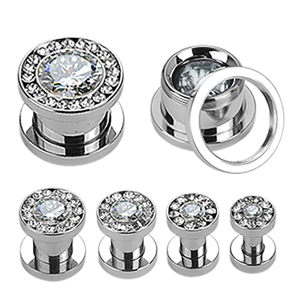 Bezel-Set Gemmed Bling SS Machine Head Plugs 8g - 5/8"