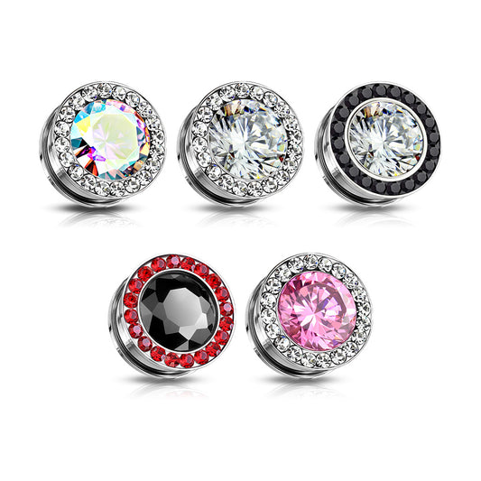 Bezel-Set Gemmed Bling SS Machine Head Plugs 8g - 5/8"