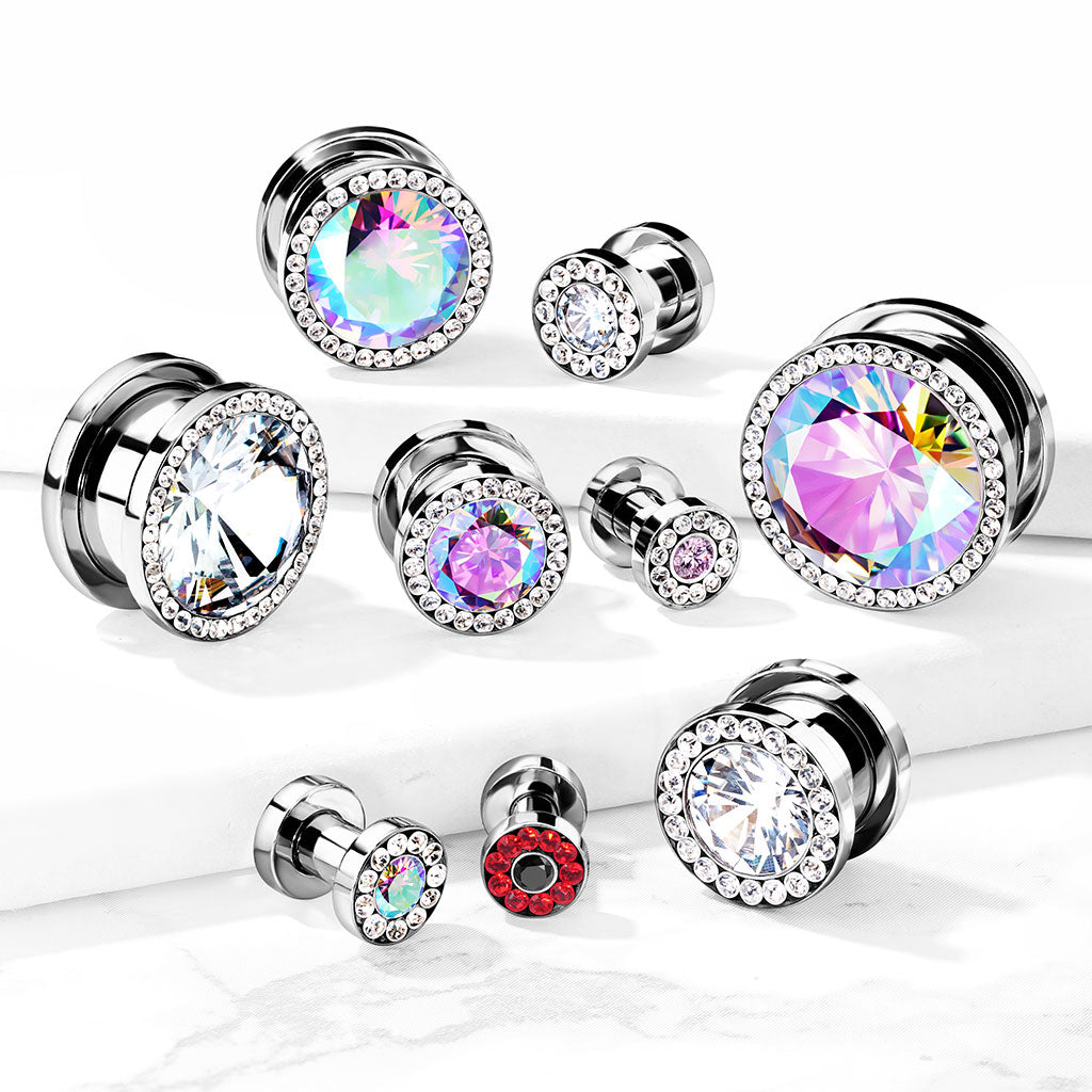 Bezel-Set Gemmed Bling SS Machine Head Plugs 8g - 5/8"