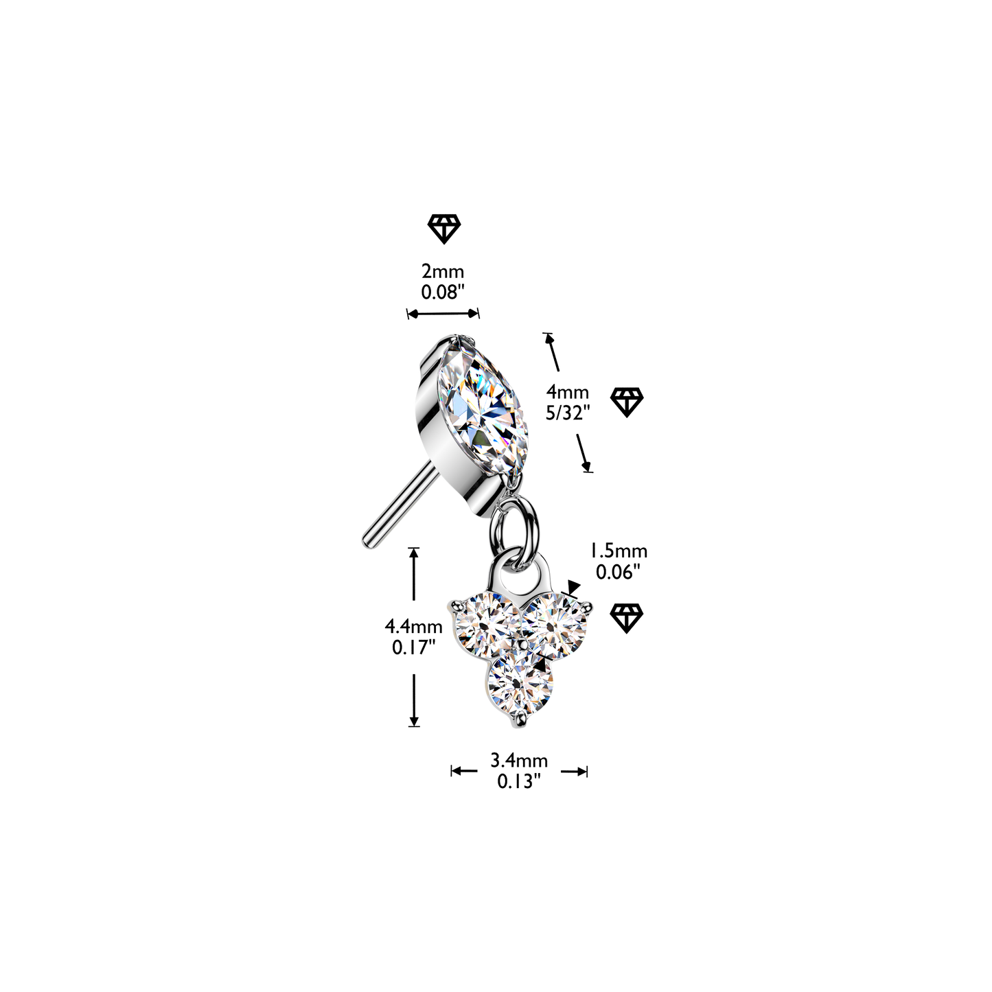 Premium G23 Titanium Marquise + Trinity Cluster Dangle Threadless Top