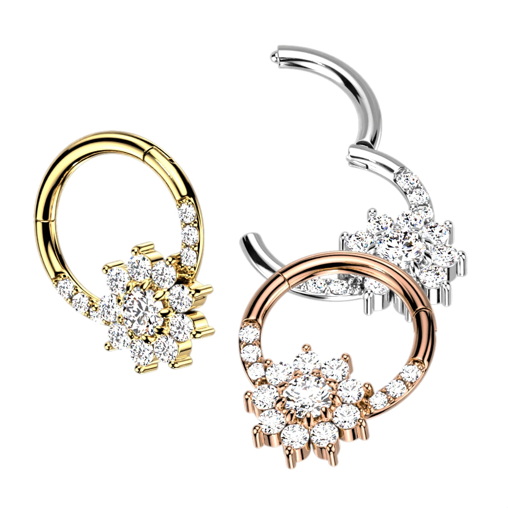 Premium Pavé & Claw-Set Crystal Flower Hinged Segment Ring 16g