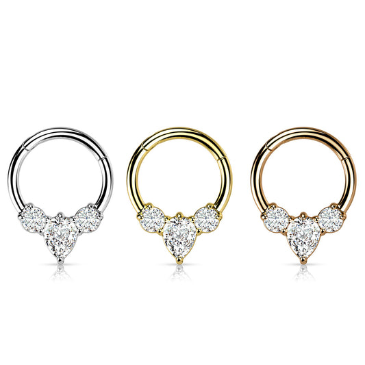Premium Claw-Set Teardrop & Round Crystal Hinged Segment Ring 16g