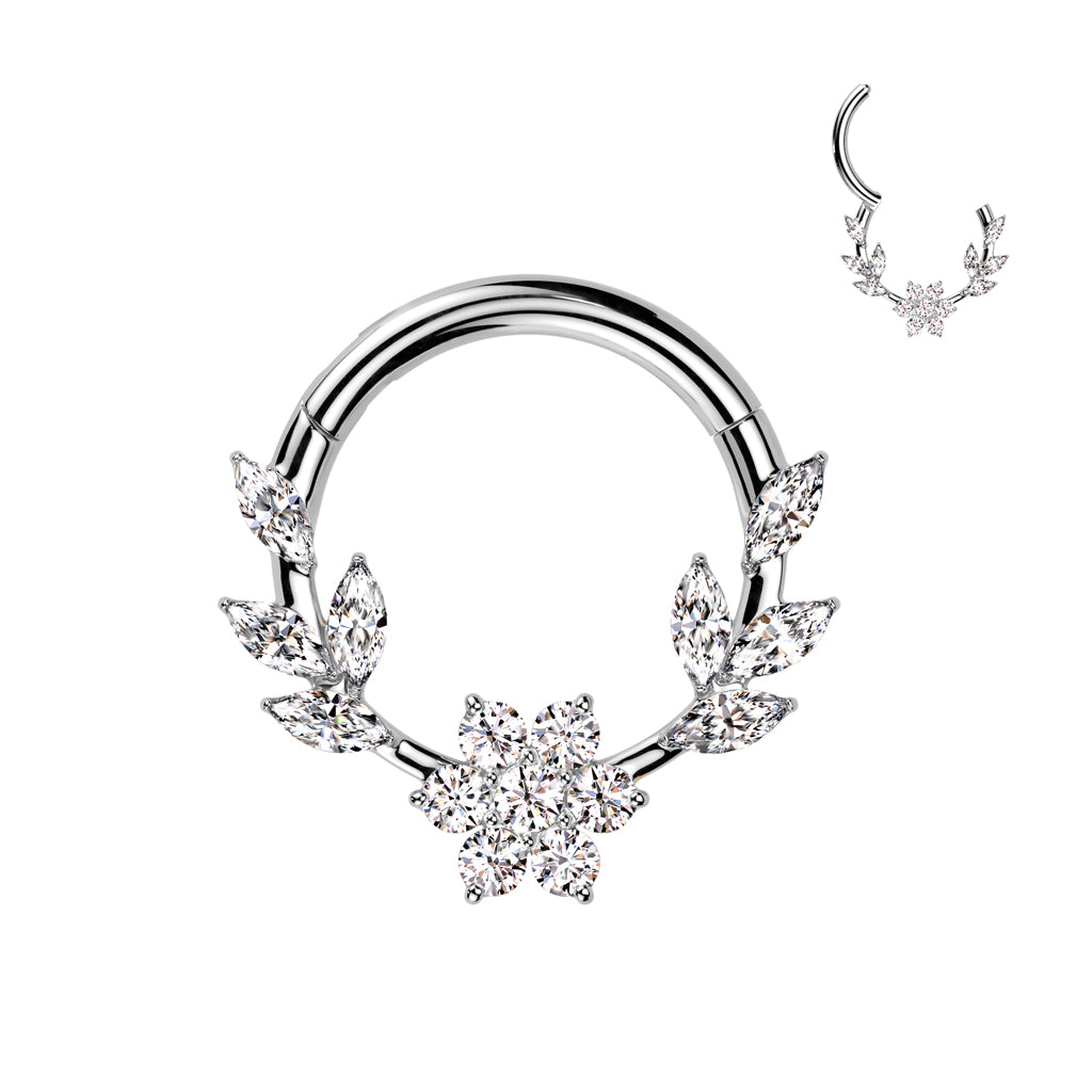 Premium Surgical Steel Crystal Flower & Marquise Leaf Hinged Segment Ring 16g