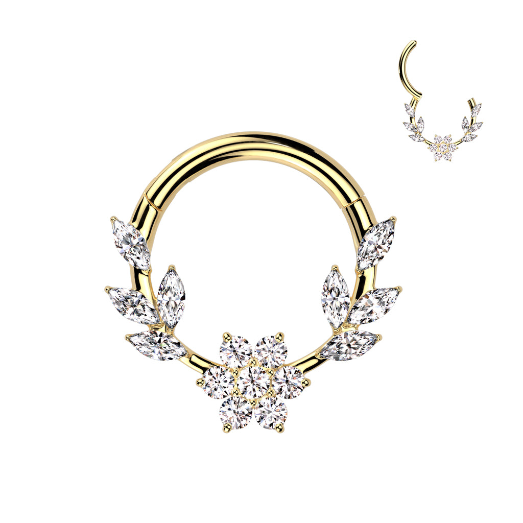 Premium Surgical Steel Crystal Flower & Marquise Leaf Hinged Segment Ring 16g