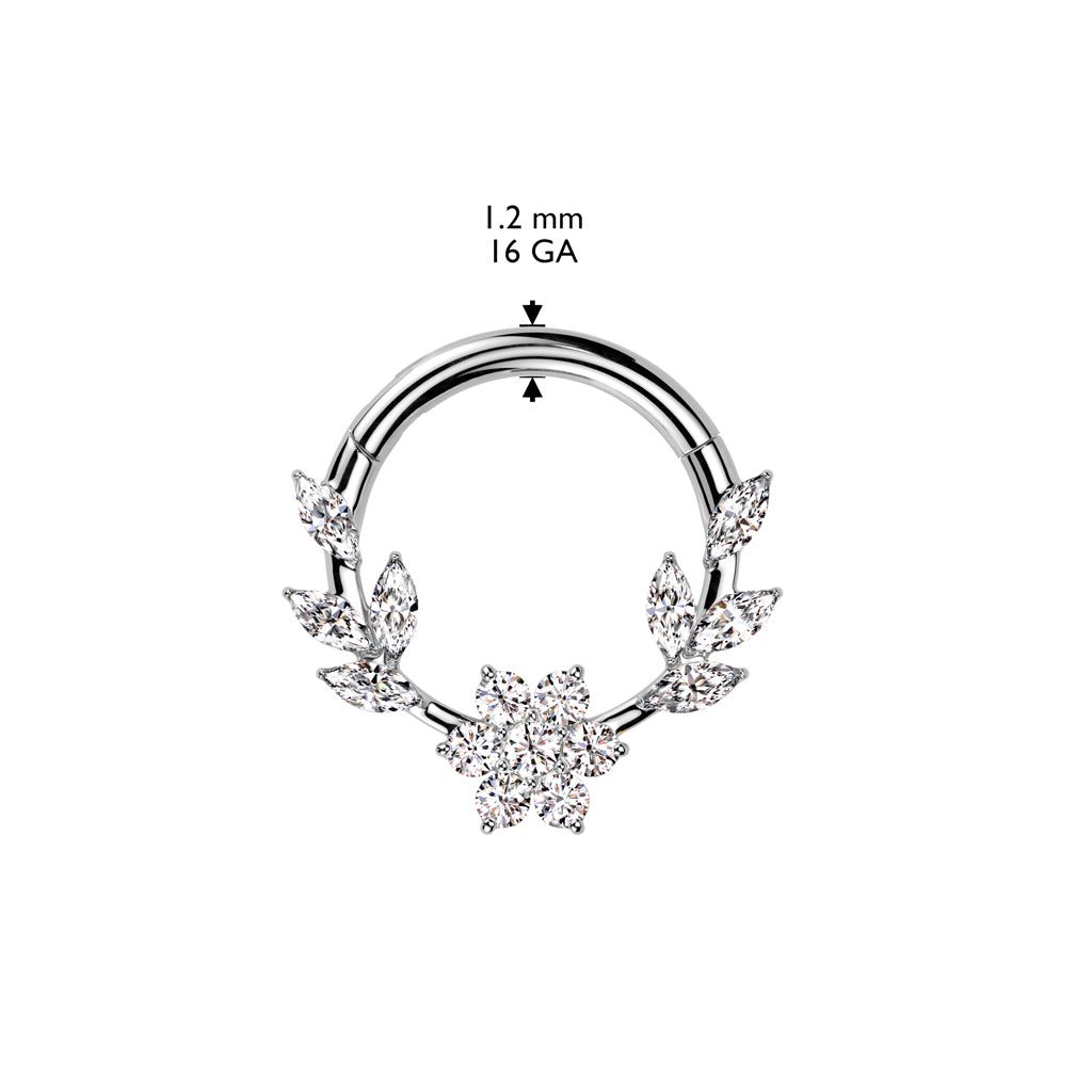 Premium Surgical Steel Crystal Flower & Marquise Leaf Hinged Segment Ring 16g