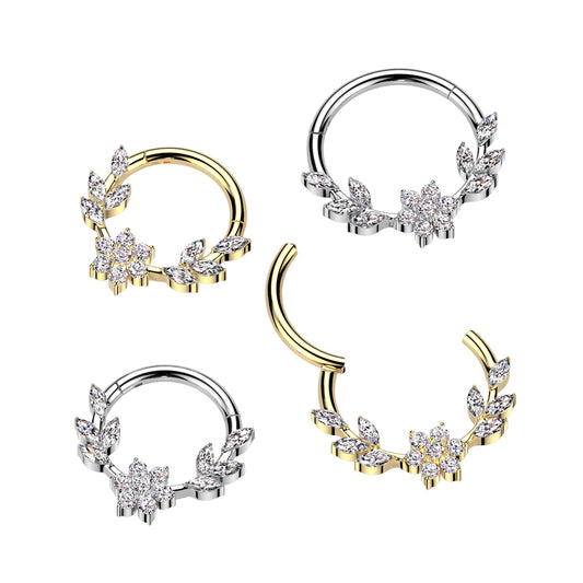 Premium Surgical Steel Crystal Flower & Marquise Leaf Hinged Segment Ring 16g