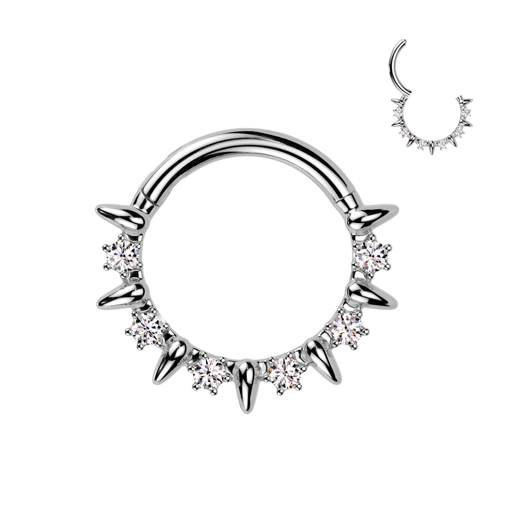 Premium Surgical Steel Claw-Set Crystal & Spike Hinged Segment Ring 16g