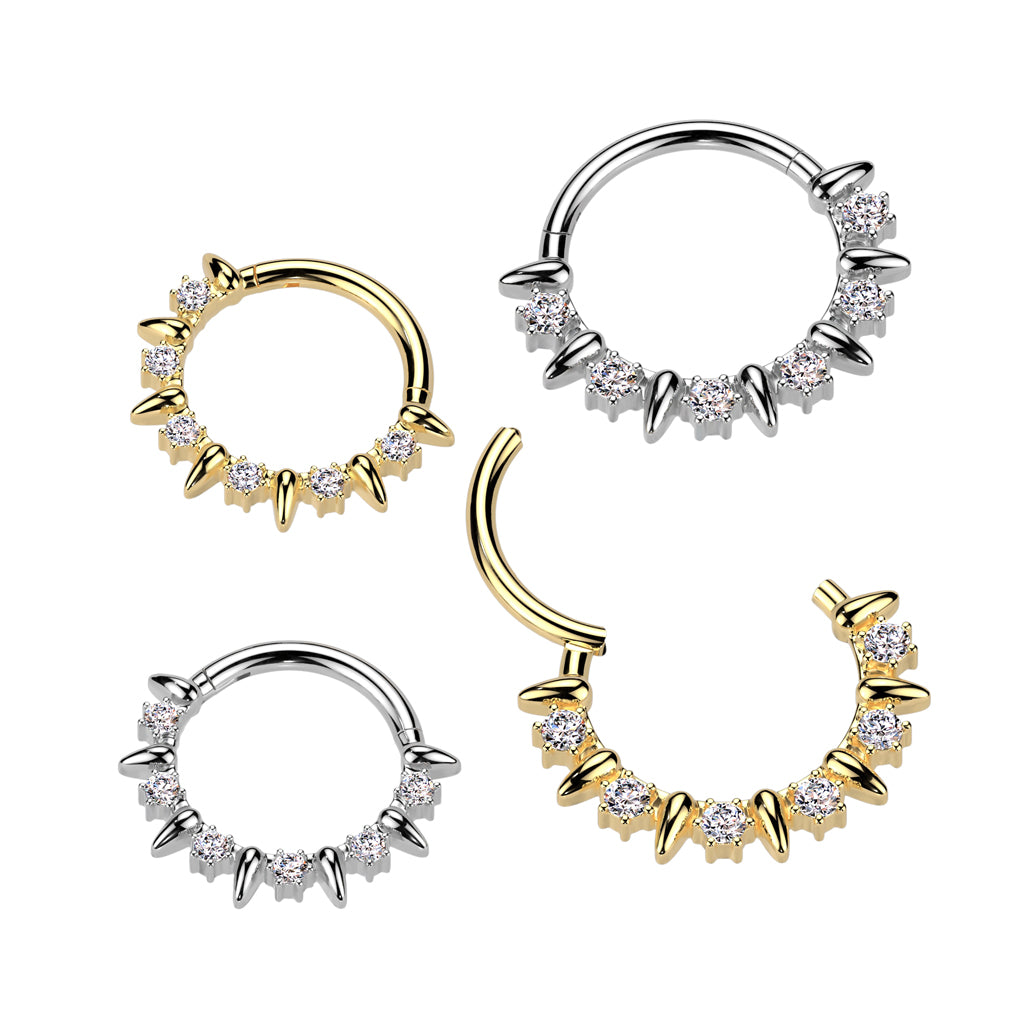 Premium Surgical Steel Claw-Set Crystal & Spike Hinged Segment Ring 16g