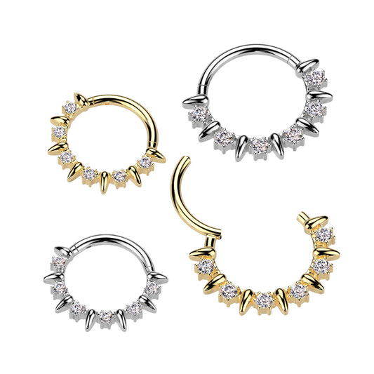 Premium Surgical Steel Claw-Set Crystal & Spike Hinged Segment Ring 16g