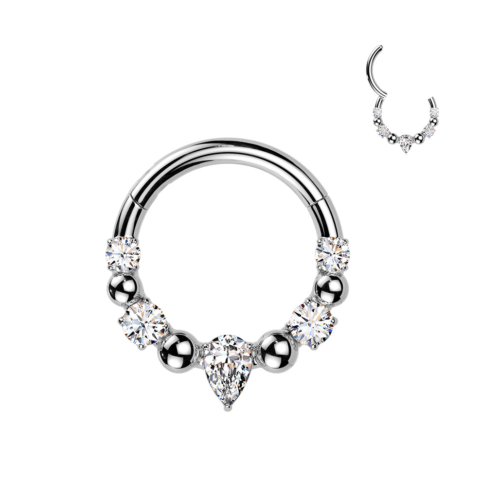 Claw-Set Crystal Teardrop + Bead Hinged Segment Ring 16g