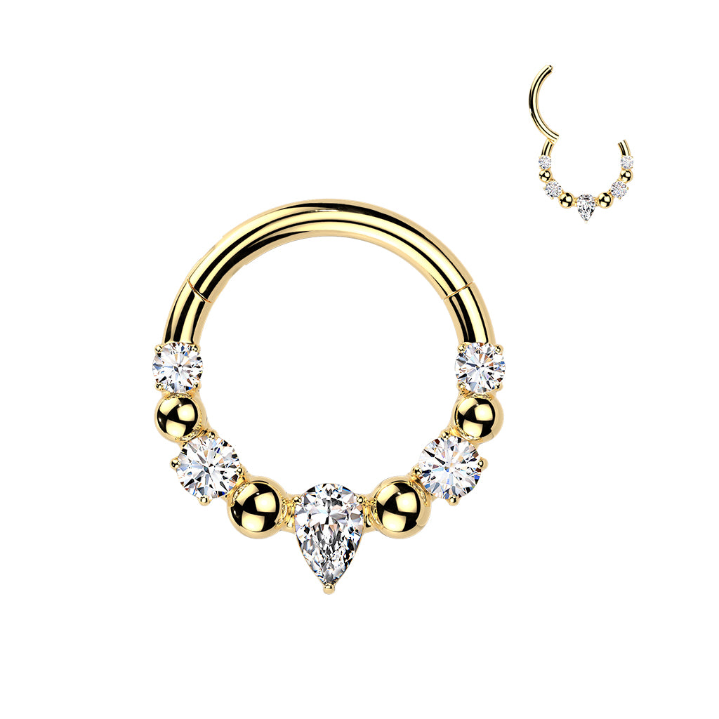 Claw-Set Crystal Teardrop + Bead Hinged Segment Ring 16g
