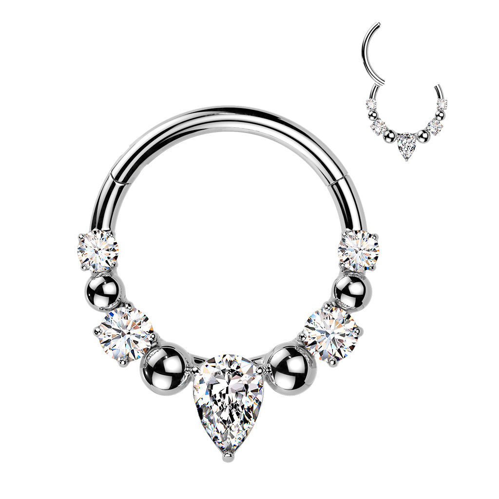 Claw-Set Crystal Teardrop + Bead Hinged Segment Ring 16g