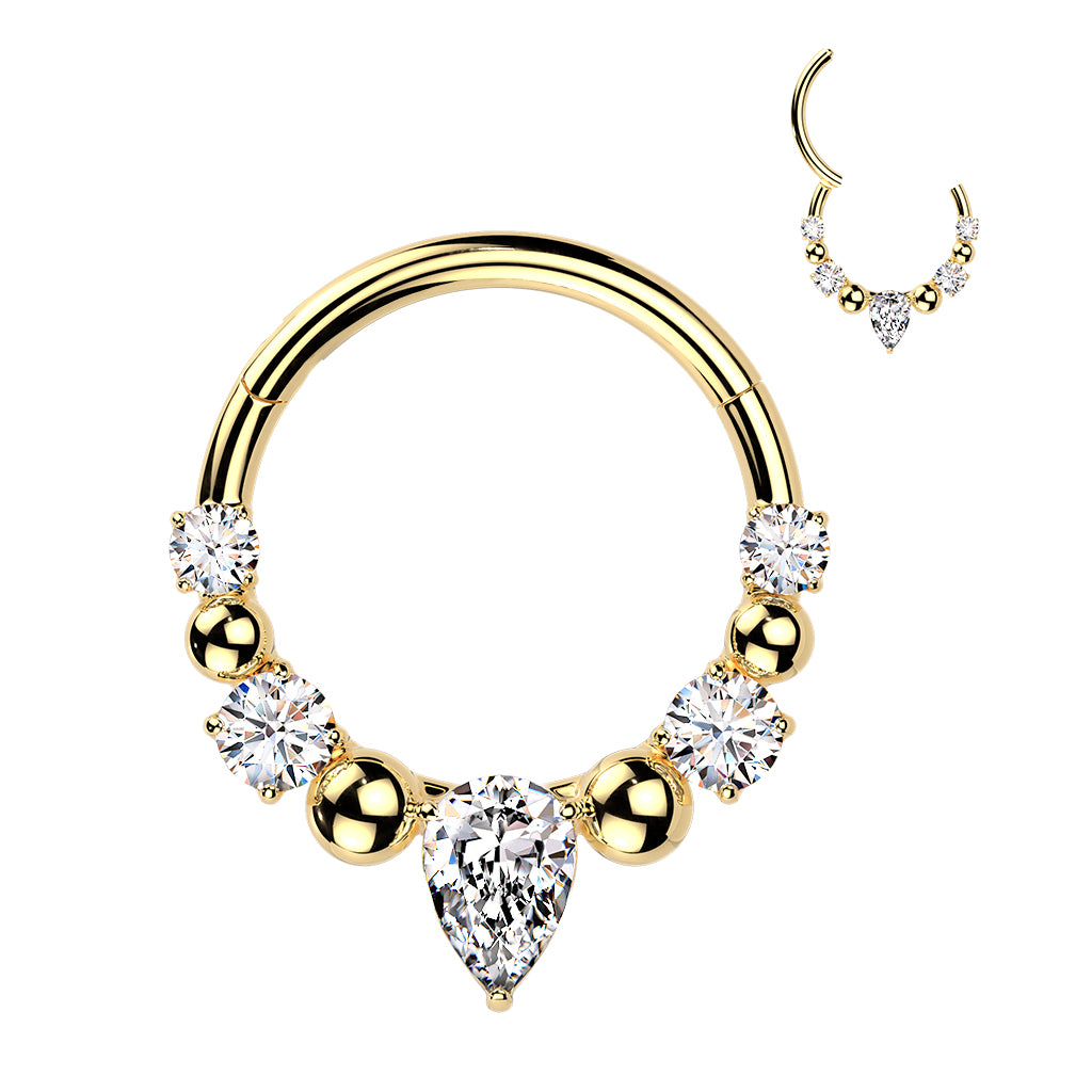 Claw-Set Crystal Teardrop + Bead Hinged Segment Ring 16g