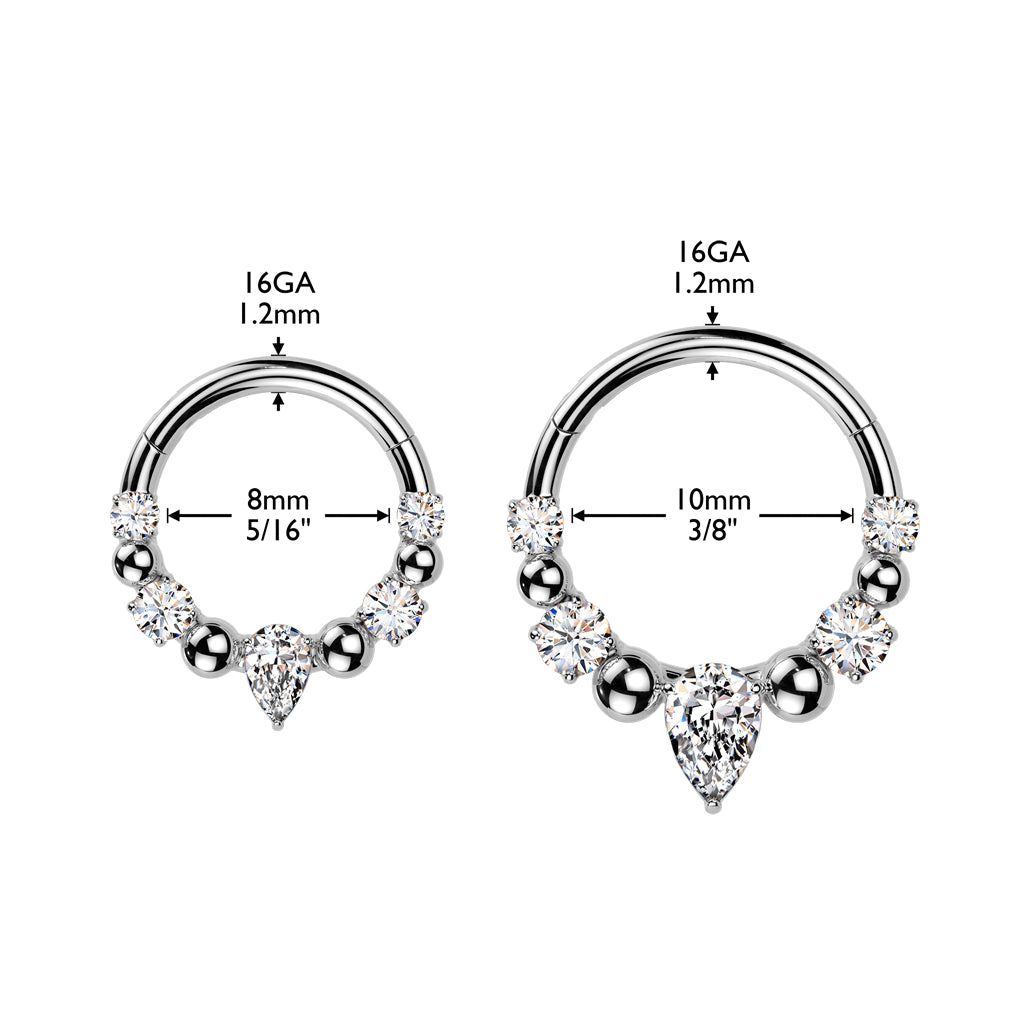 Claw-Set Crystal Teardrop + Bead Hinged Segment Ring 16g