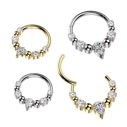 Claw-Set Crystal Teardrop + Bead Hinged Segment Ring 16g