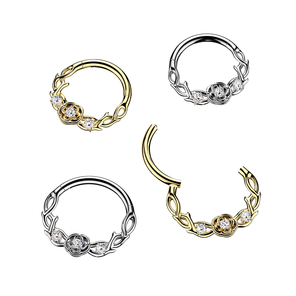 Premium Crystal Rose Vine Hinged Segment Ring 16g