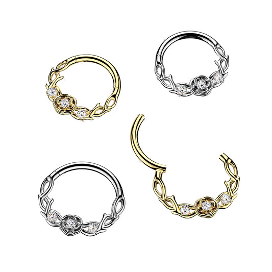 Premium Crystal Rose Vine Hinged Segment Ring 16g