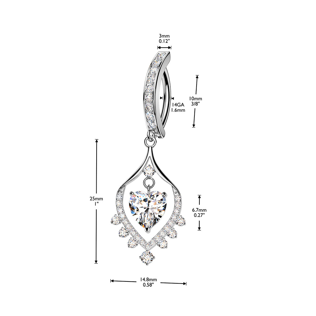 Crystal Heart Drop Dangle Clicker 14g