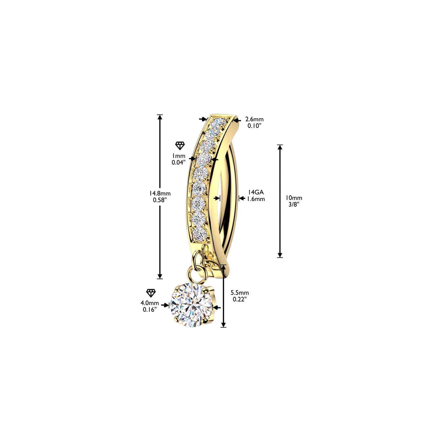 Premium G23 Titanium Single Row Crystal Dangle Navel Clicker 14g