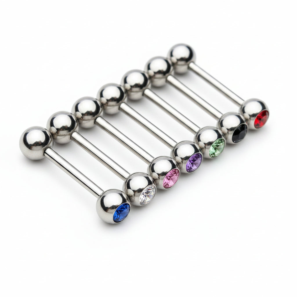Premium Surgical Steel Bezel-Set Crystal Tongue Barbell 14g
