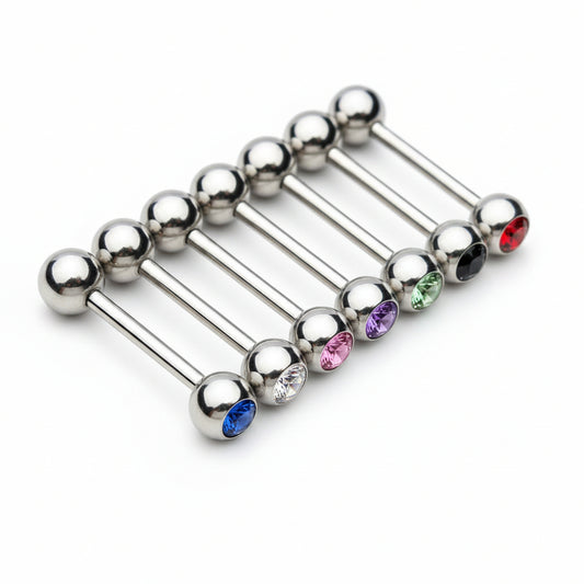 Premium Surgical Steel Bezel-Set Crystal Tongue Barbell 14g