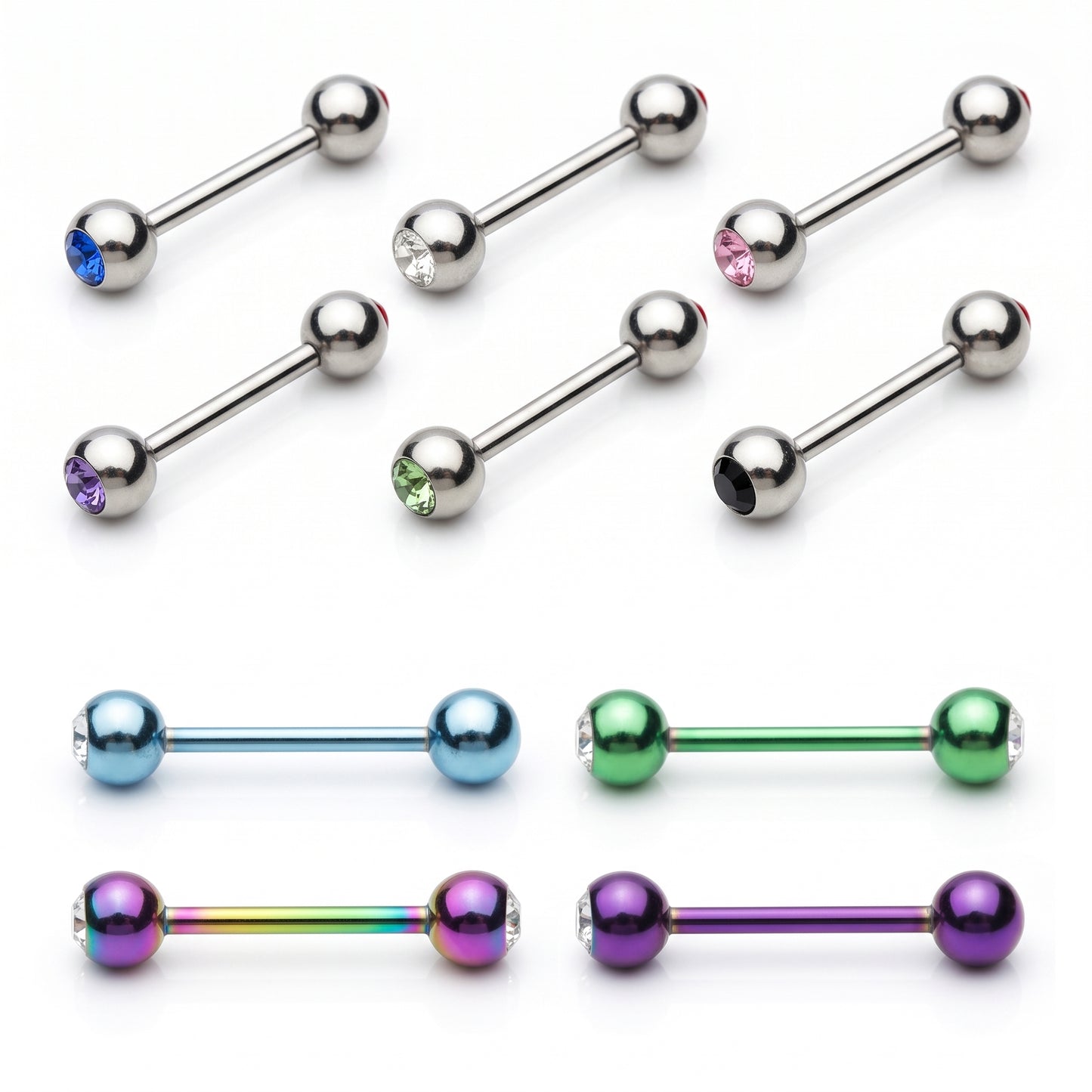 PVD & Surgical Steel Bezel-Set Crystal Tongue Barbell 14g