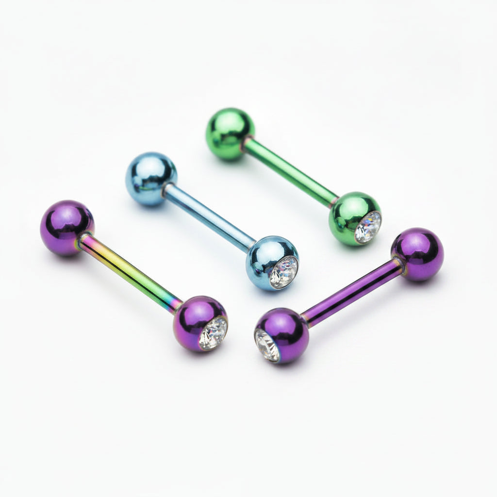 Premium PVD SS Bezel-Set Crystal Tongue Barbell 14g