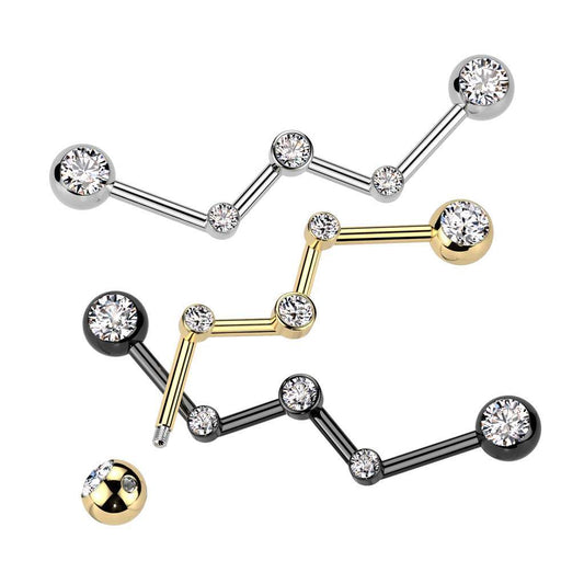 Surgical Steel Zodiac Industrial Barbell with Bezel-Set Austrian Crystals- 32mm length, 6mm ball, in gold, SS, Blackline