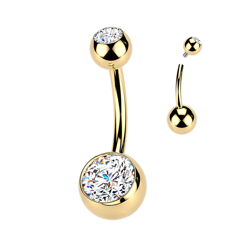 Premium G23 Titanium + 24K Gold PVD Bezel-Set Crystal Internally Threaded Belly Ring 14g