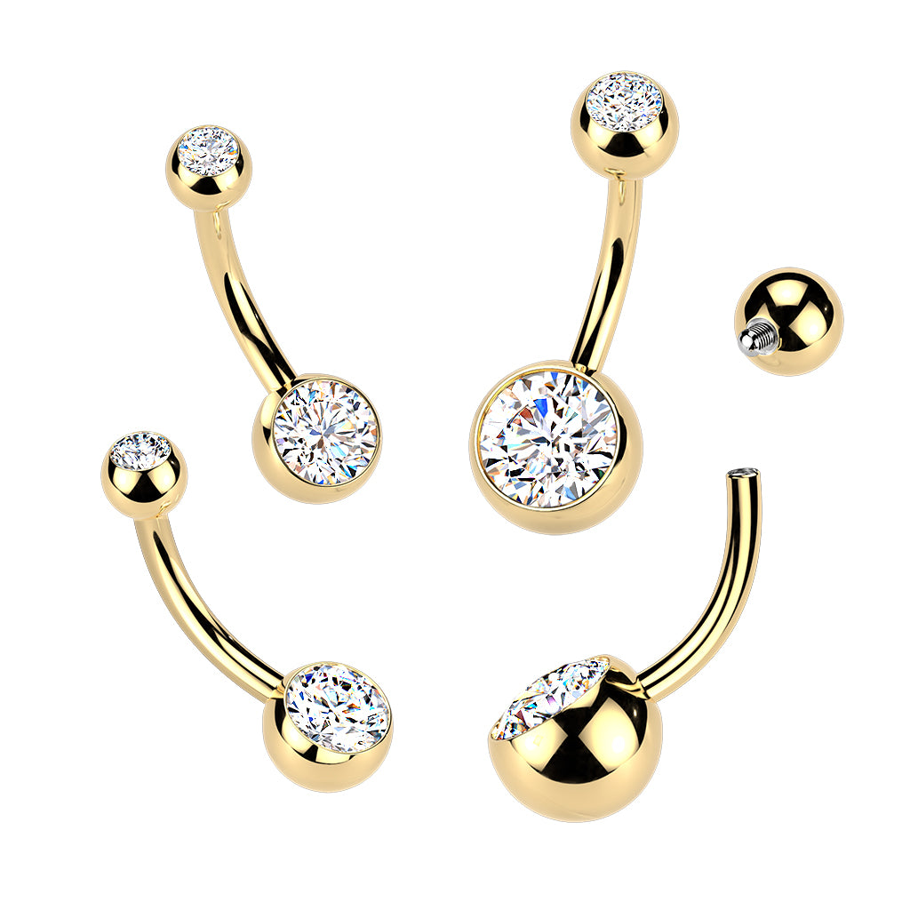 Premium G23 Titanium + 24K Gold PVD Bezel-Set Crystal Internally Threaded Belly Ring 14g
