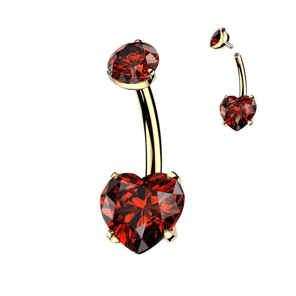 Premium G23 Titanium Heart 24k Gold‑Coated Crystal Navel Barbell 14g