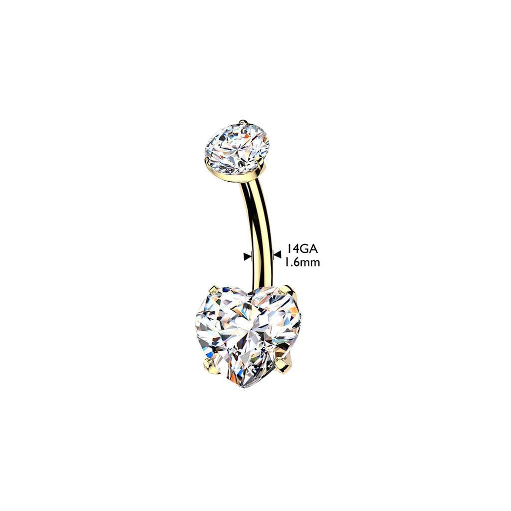 Premium G23 Titanium Heart 24k Gold‑Coated Crystal Navel Barbell 14g