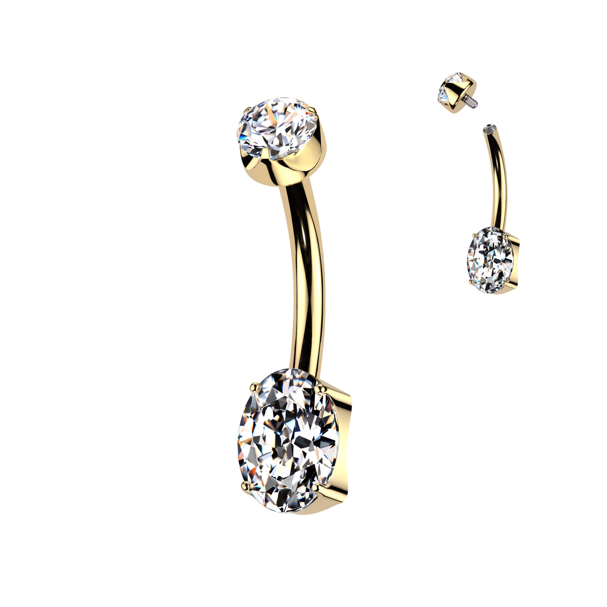 Premium G23 Titanium + 24k Gold PVD Claw-Set Oval Crystal Internally Threaded Belly Ring 14g
