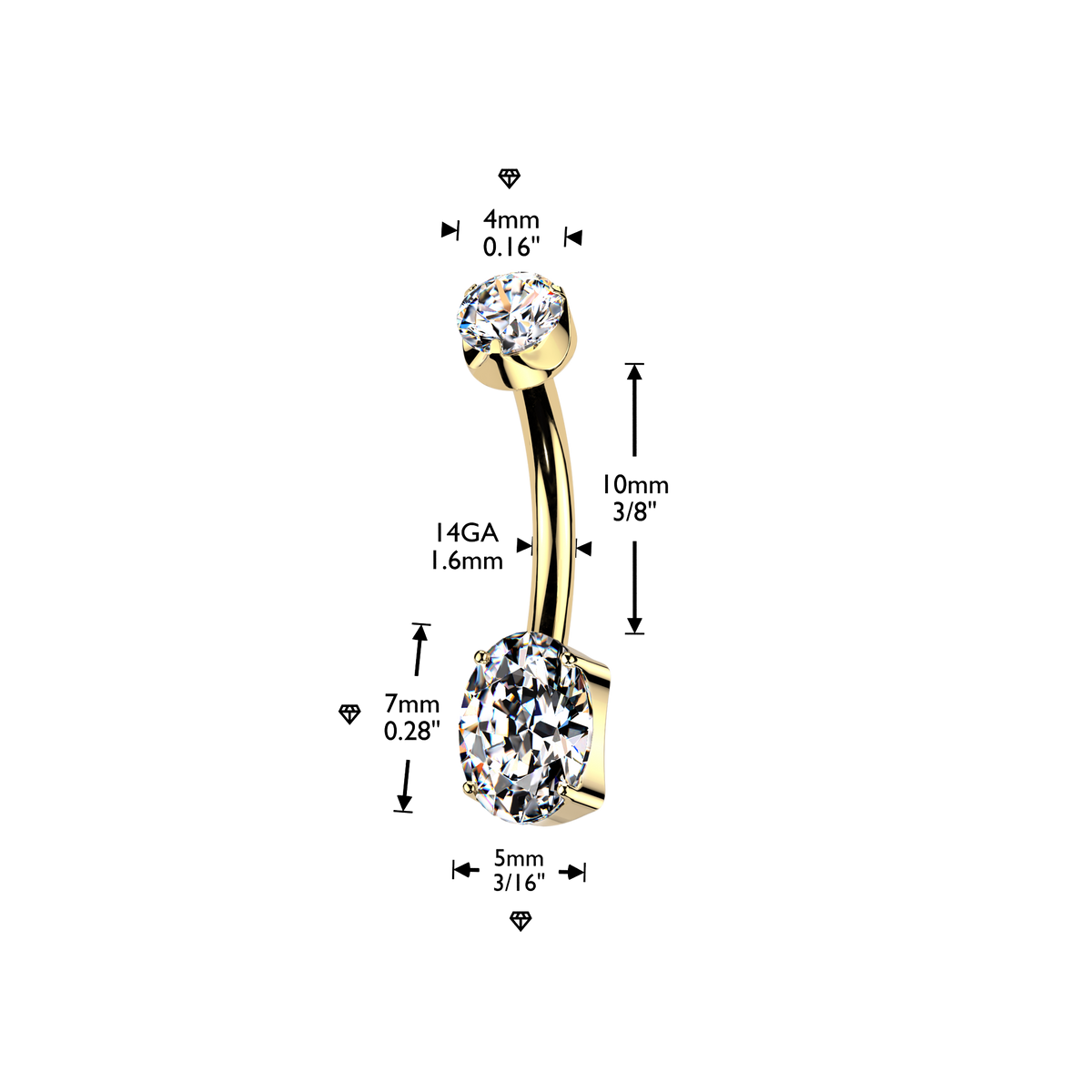 Premium G23 Titanium + 24k Gold PVD Claw-Set Oval Crystal Internally Threaded Belly Ring 14g