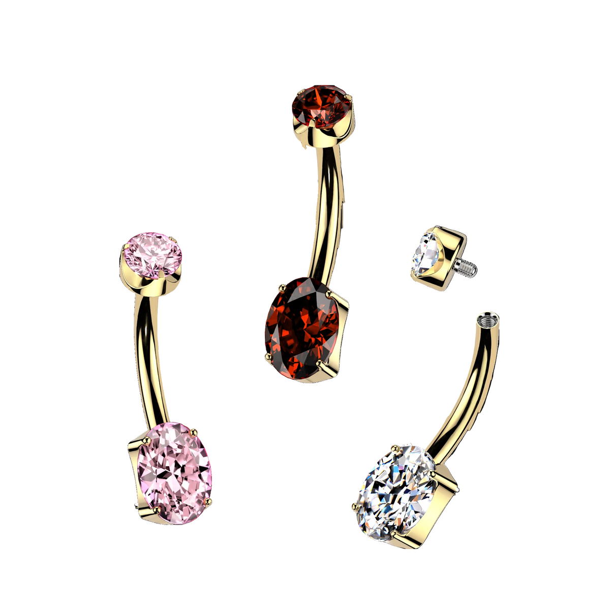 Premium G23 Titanium + 24k Gold PVD Claw-Set Oval Crystal Internally Threaded Belly Ring 14g