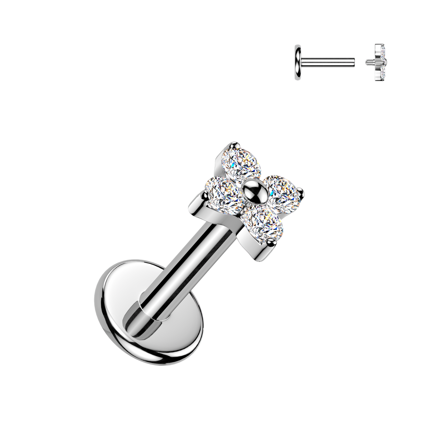Premium G23 Titanium Claw-Set Four-Petal Flower Threaded Flat Back 16g