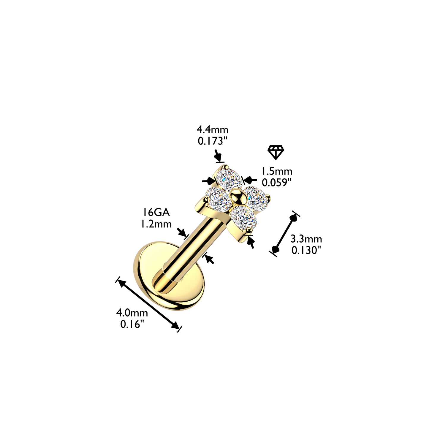 Premium G23 Titanium Claw-Set Four-Petal Flower Threaded Flat Back 16g