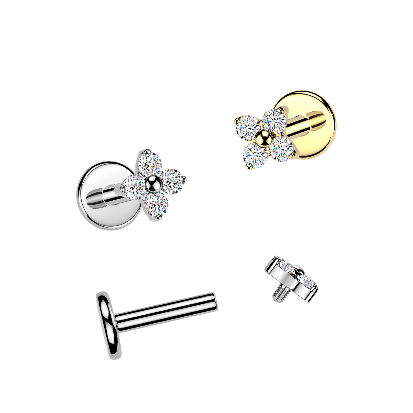 Premium G23 Titanium Claw-Set Four-Petal Flower Threaded Flat Back 16g