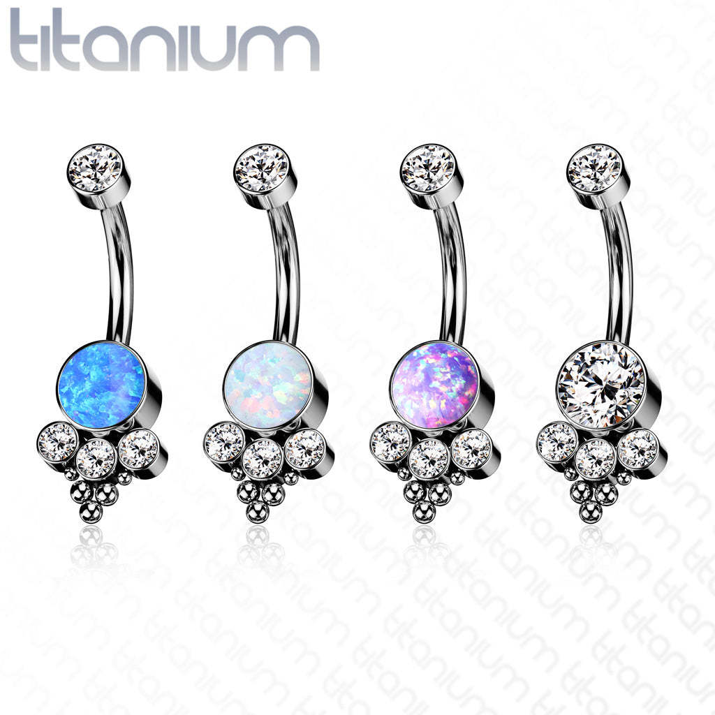 Premium G23 Titanium Opal & Crystal Dotwork Internally Threaded Belly Ring 14g