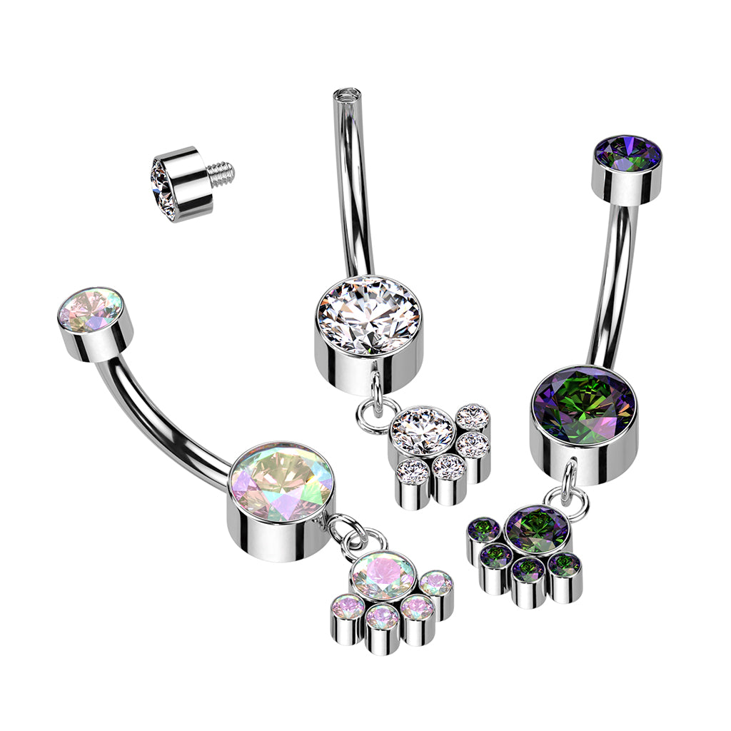 PREMIUM Titanium Bezel-Set Crystal Cluster Navel Dangle 14g