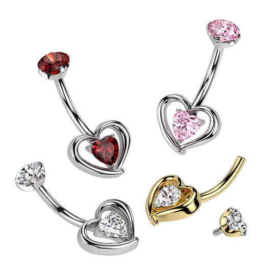 Premium G23 Titanium Crystal Accent Heart Navel Dangle 14g