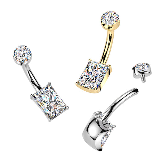 Premium G23 Titanium Rounded Square Cut Crystal Navel Barbell 14g