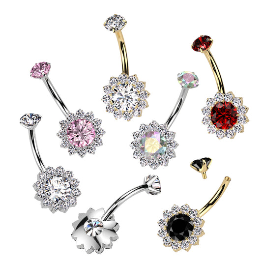 Premium G23 Titanium Dazzle Flower Claw-Set Crystal Navel Barbell 14g